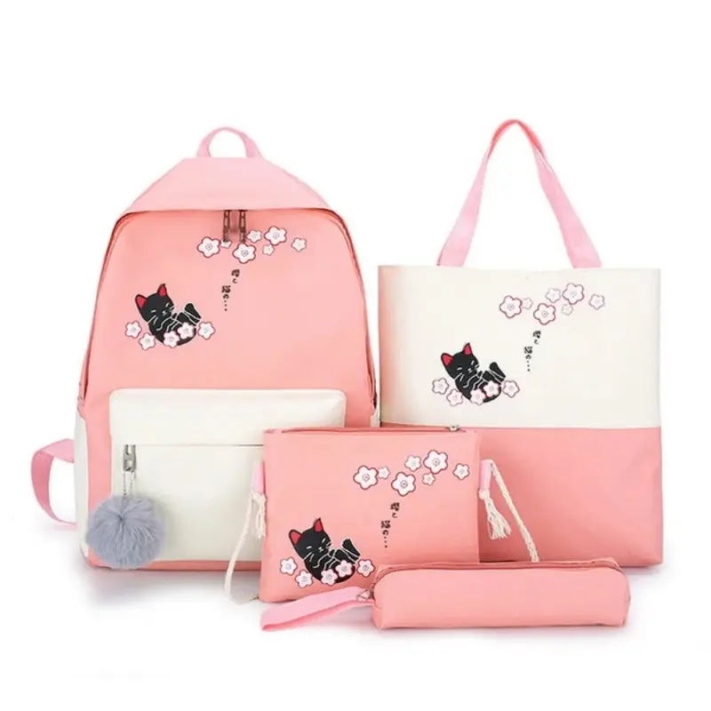 4 Piece Set Women Laptop Backpack Ribbon School Backpack Black Cat Book Bag for Teen Girls Student Book Bag Women Shoulder Bag