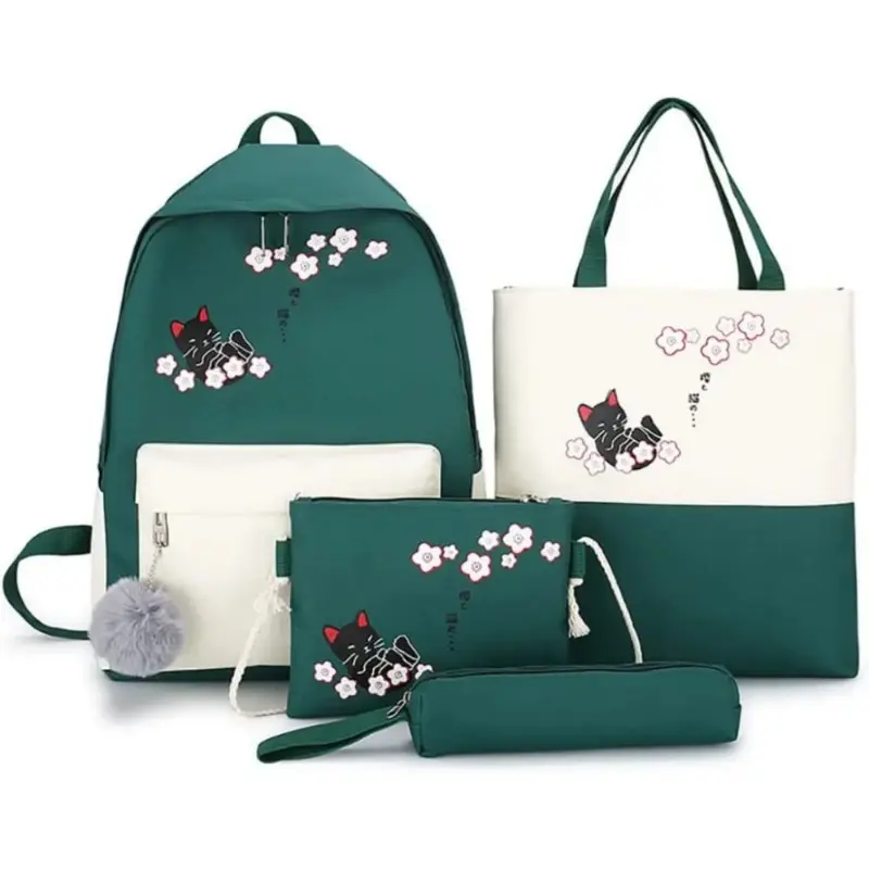 4 Piece Set Women Laptop Backpack Ribbon School Backpack Black Cat Book Bag for Teen Girls Student Book Bag Women Shoulder Bag