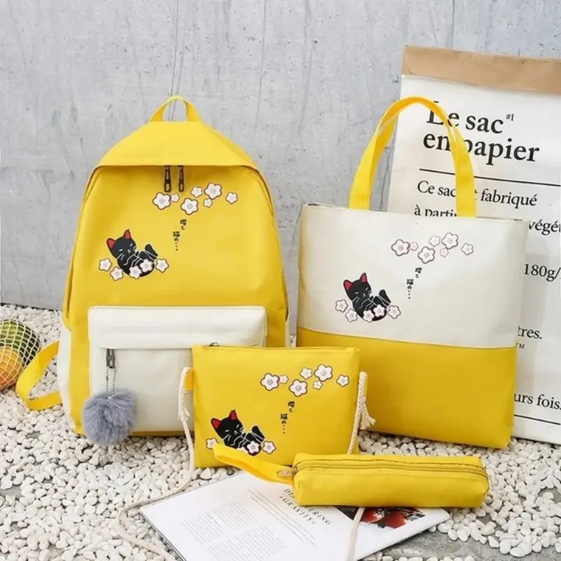 4 Piece Set Women Laptop Backpack Ribbon School Backpack Black Cat Book Bag for Teen Girls Student Book Bag Women Shoulder Bag