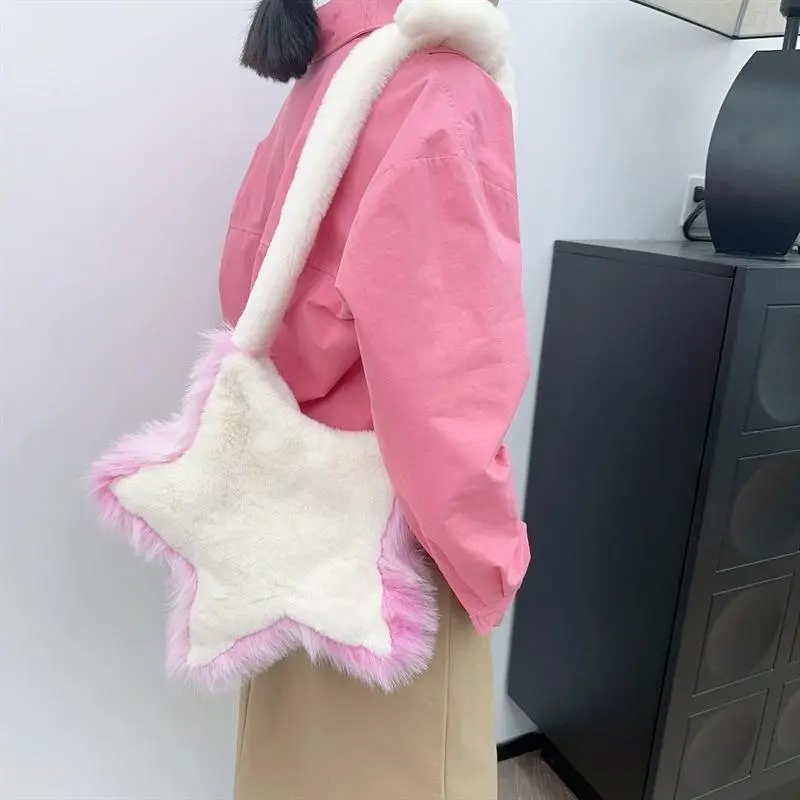 Lovely 1 Pcs New Plush Bag Five-pointed Star Fur Wool Shoulder Bag Women Autumn And Winter Girl Ins Design Casual Messenger Bag
