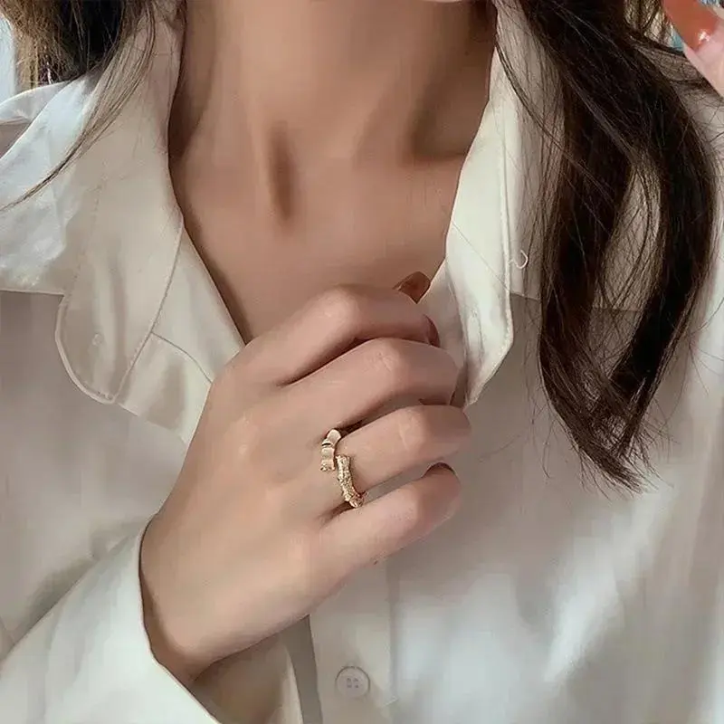 Elegant Women Creative Bamboo Shape Gold Color Rings Korean Jewelry Party Adjustable Ring Girl Accessories Creative Gift Rings