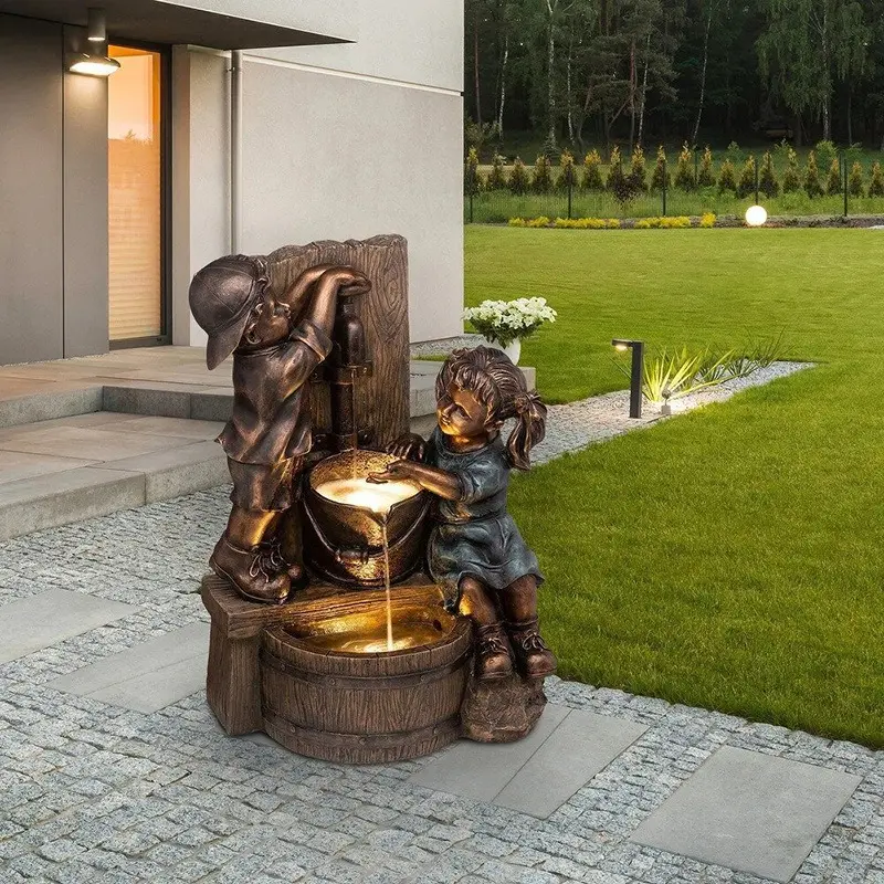 Creative Boy And Girl Water Play Ornaments Sculptures Retro Garden Gardening Crafts Home Decor New Products Outdoor Decoration