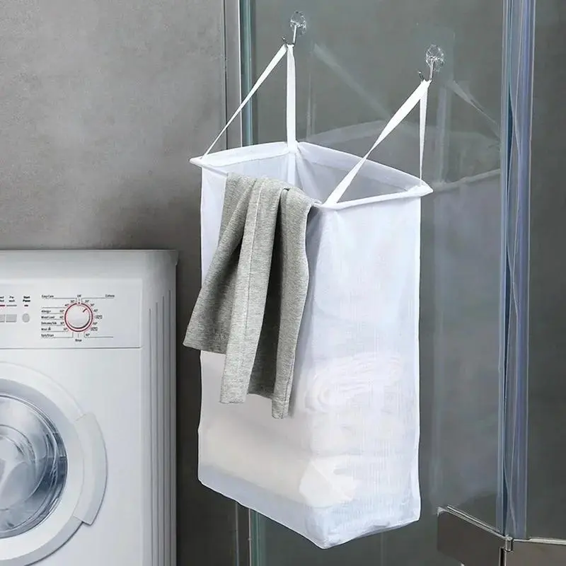 Home Foldable Multifunctional Wall Hanging Laundry Basket Washing Clothes Organizer Mesh Storage Punch Free Adhesive Hook