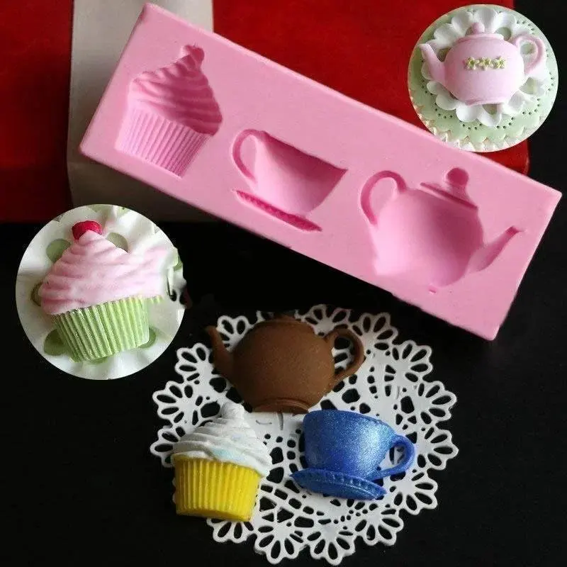 3D Creative Shape Teapot Cup Cupcake Silicone Fondant Mold Cake Pastry Decor Sugar Craft Mould Baking Tools Accessories Supplies
