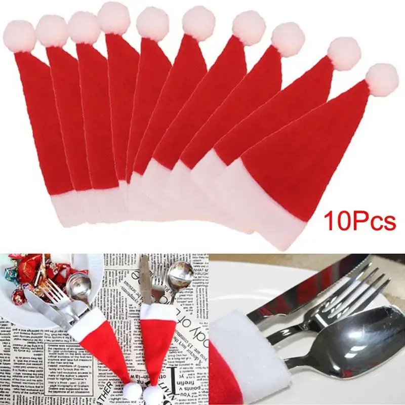 10pcs Christmas Tableware Knife Fork Set Holder Mini Santa Claus Hat Christmas Decorations for Home Navidad New Year
