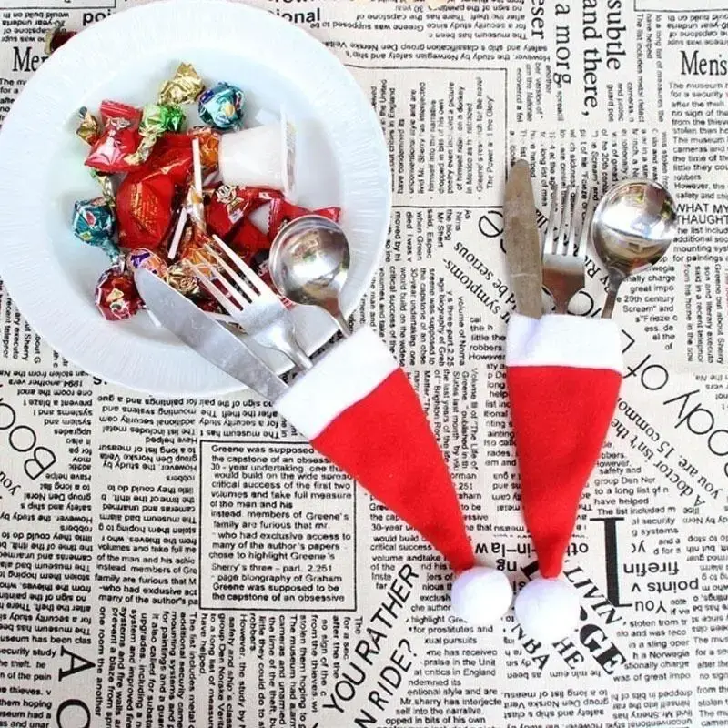 10pcs Christmas Tableware Knife Fork Set Holder Mini Santa Claus Hat Christmas Decorations for Home Navidad New Year