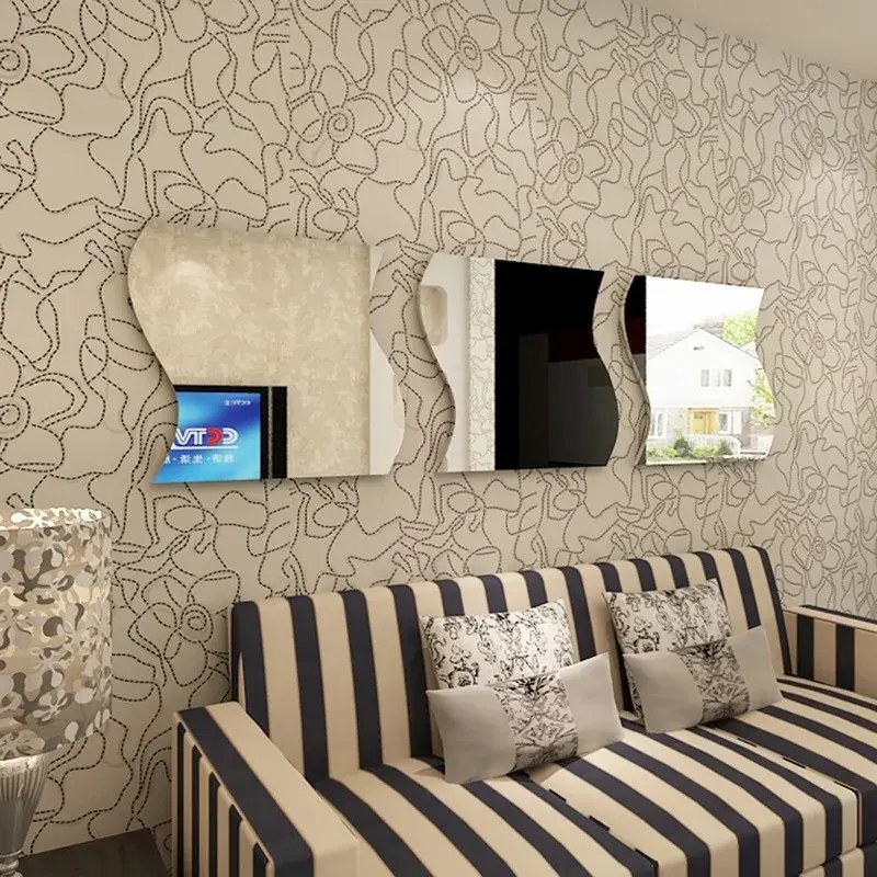 New 1PC 3D Acrylic Mirror Surface Wall Sticker DIY Wave Mirror Design For Home Living Room TV Wall Art Decoration Removable