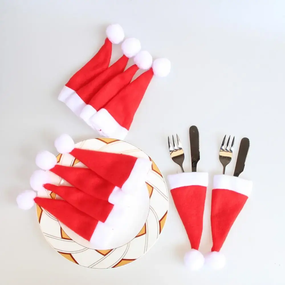 10pcs Christmas Tableware Knife Fork Set Holder Mini Santa Claus Hat Christmas Decorations for Home Navidad New Year