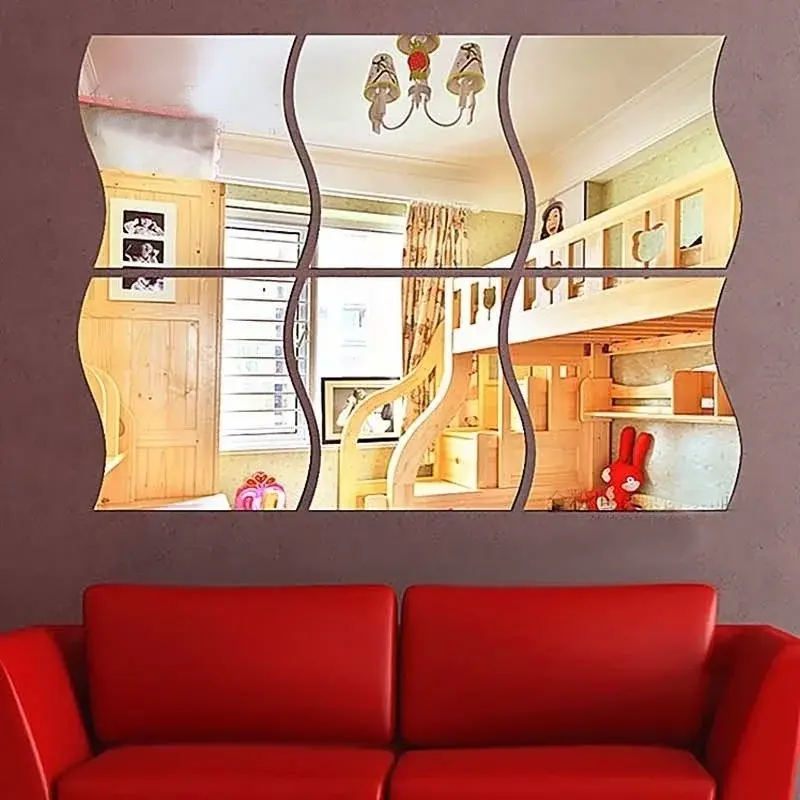 New 1PC 3D Acrylic Mirror Surface Wall Sticker DIY Wave Mirror Design For Home Living Room TV Wall Art Decoration Removable