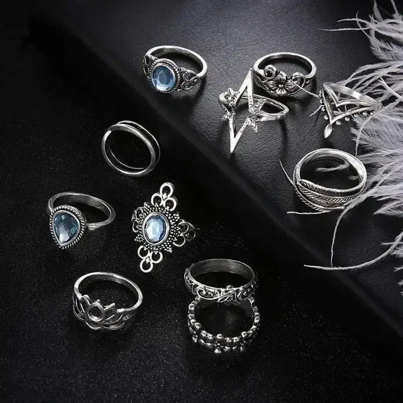 Beautiful Retro Diamond Studded Carved Gemstone Ring Set Fashionable Wedding Ring Women's Sexy Elegant Jewelry Rings Wholesale