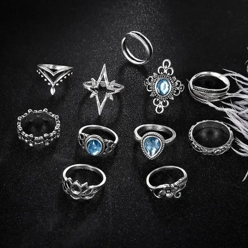 Beautiful Retro Diamond Studded Carved Gemstone Ring Set Fashionable Wedding Ring Women's Sexy Elegant Jewelry Rings Wholesale