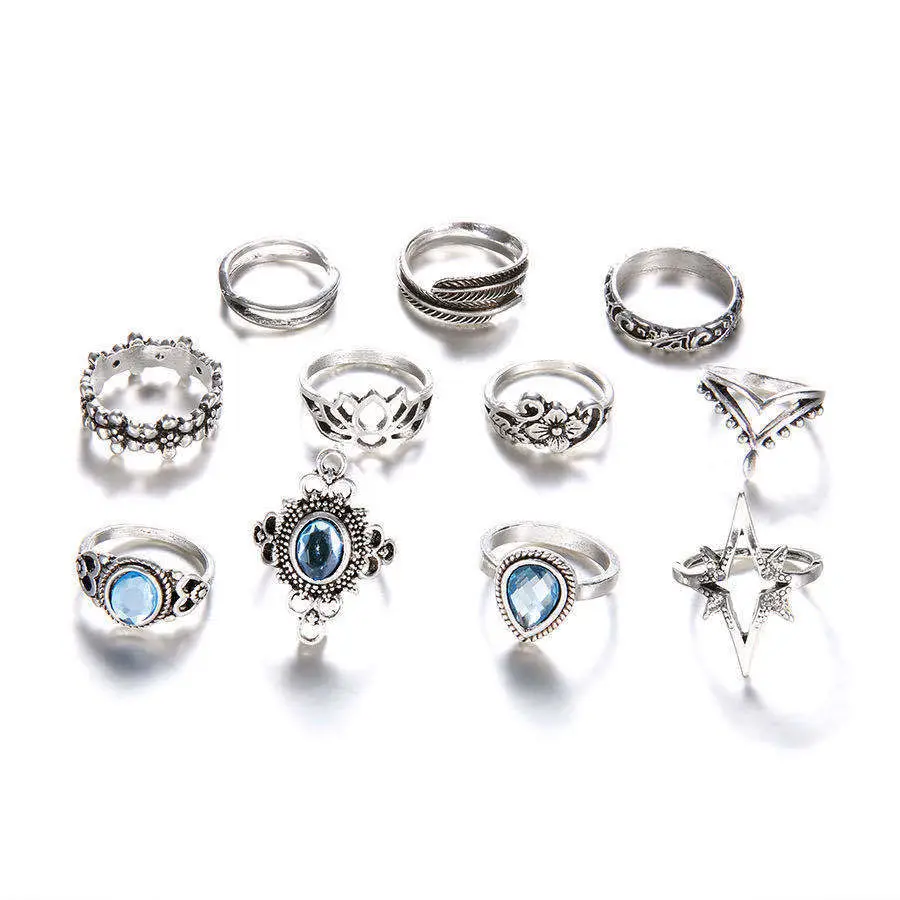 Beautiful Retro Diamond Studded Carved Gemstone Ring Set Fashionable Wedding Ring Women's Sexy Elegant Jewelry Rings Wholesale
