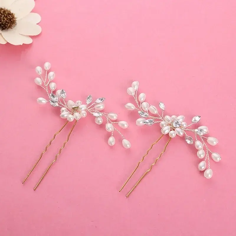Korean Bridal Handmade Pearl Crystal Hairpin Pin U-shaped Clip Wedding Tiara Hair Ornament Pretty Lady Hair Decoration Supplies