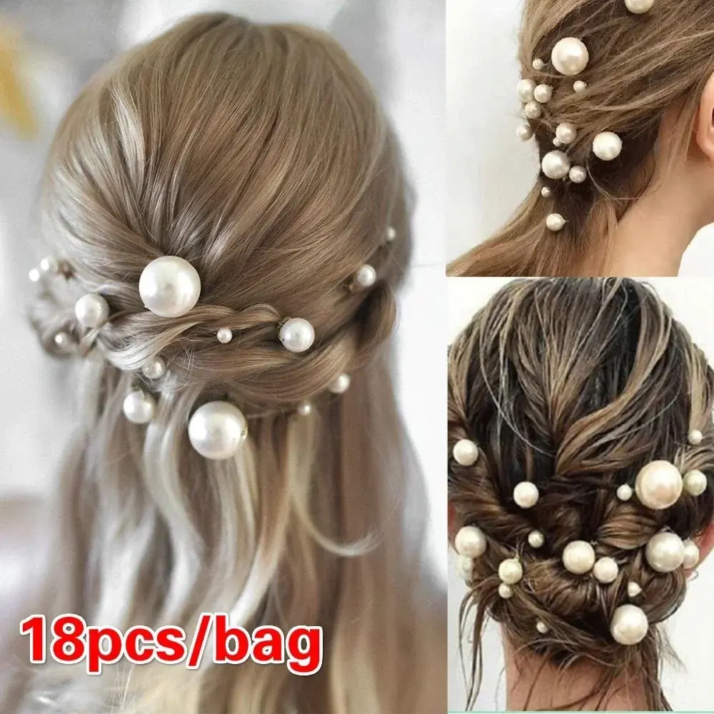 18pcs/1Bag Women Fashion Wedding Tiara Disc Elegant Pearl Hair Fork Bride U-shaped Hairpin Comb Bead Clip Accessories for Women