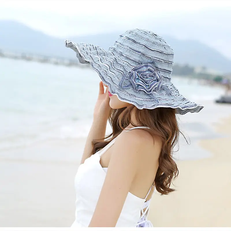 Fashion Women Hat Flower Packable Large Wide Brim Hat Anti-UV Adjustable Ladies Beach Sun Hat
