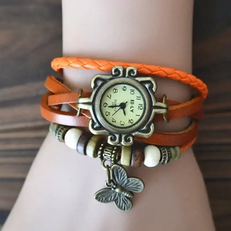 High-quality Bracelet Watch Vintage Hand Woven Leather Watch Fashionable Leather Wrapped Butterfly Pendant Quartz Watch Vintage