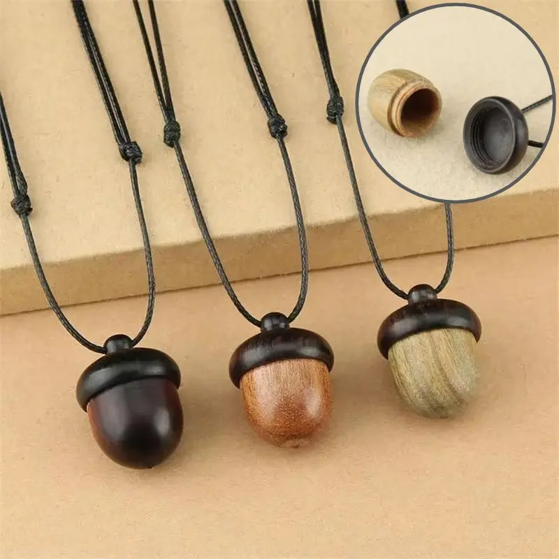 Retro Sandalwood Acorn Pendant Necklace Simple Openable Acorn Shaped Box Pendant Long Sweater Chain Women's Minimalist Jewelry