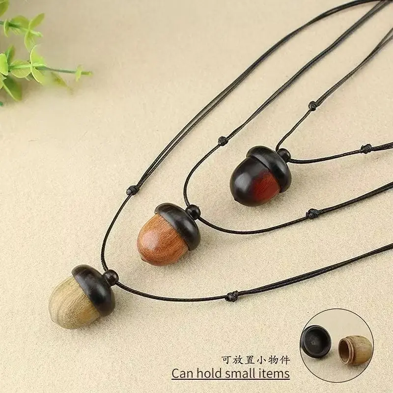 Retro Sandalwood Acorn Pendant Necklace Simple Openable Acorn Shaped Box Pendant Long Sweater Chain Women's Minimalist Jewelry