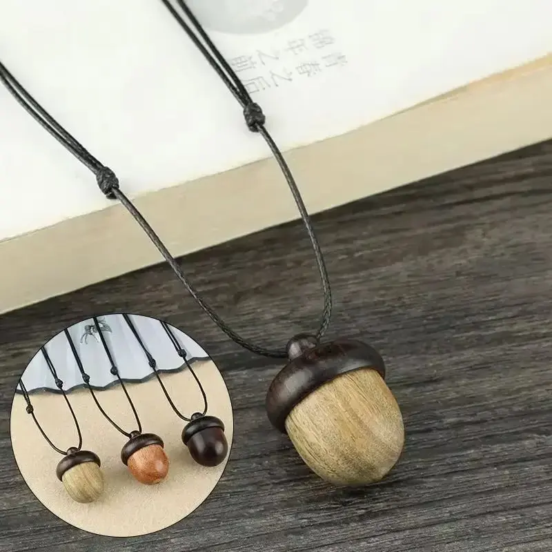Retro Sandalwood Acorn Pendant Necklace Simple Openable Acorn Shaped Box Pendant Long Sweater Chain Women's Minimalist Jewelry