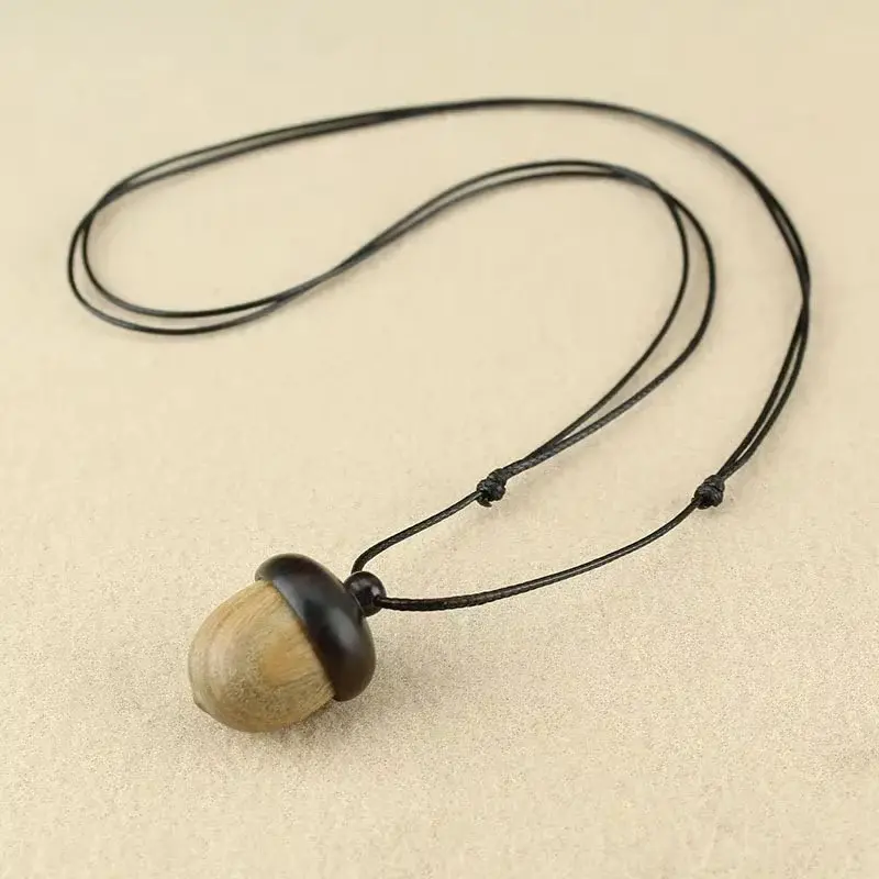 Retro Sandalwood Acorn Pendant Necklace Simple Openable Acorn Shaped Box Pendant Long Sweater Chain Women's Minimalist Jewelry
