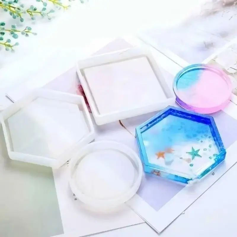 New 5Pcs Handmade Mirror Silicone Coaster Molds Hexagonal Square Base Mold Kit Resin Key Zone Square Epoxy Casting Molds