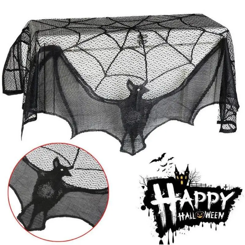 Terror Halloween Lace Curtain Creative Design Bat Tablecloth Fireplace Scarf Window Cover Suitable Home Festival Cobweb Decor