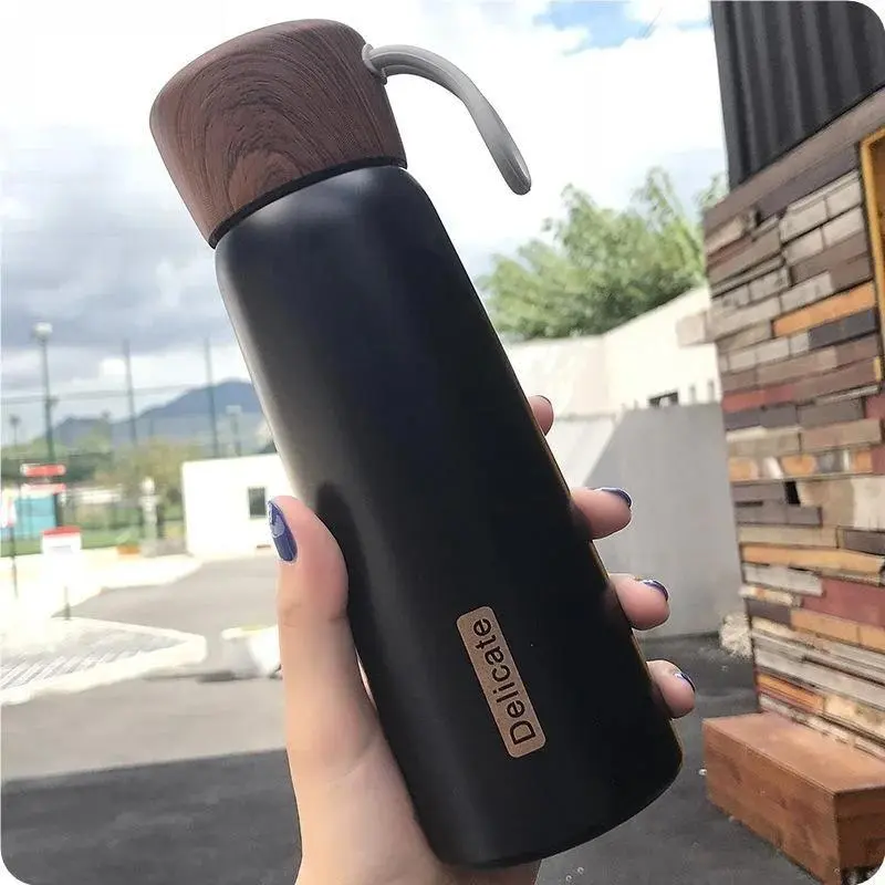 500ml Wooden Lid Stainless Steel Water Bottle Vacuum Flask Vacuum Sport Water Bottles For Student Portable Home Drink Cups