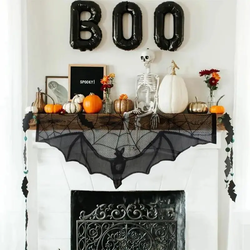 Terror Halloween Lace Curtain Creative Design Bat Tablecloth Fireplace Scarf Window Cover Suitable Home Festival Cobweb Decor