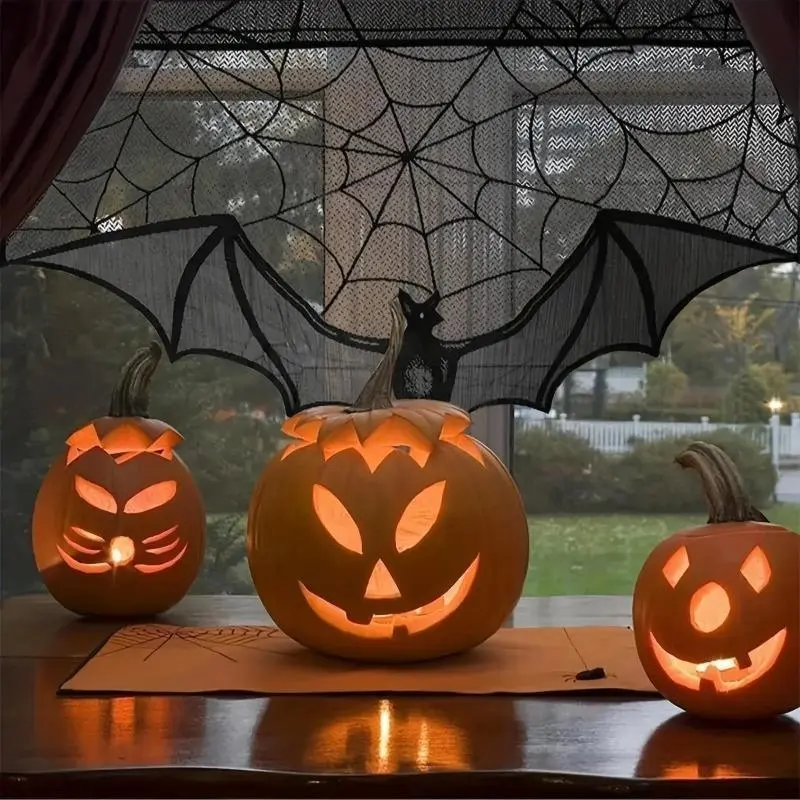 Terror Halloween Lace Curtain Creative Design Bat Tablecloth Fireplace Scarf Window Cover Suitable Home Festival Cobweb Decor