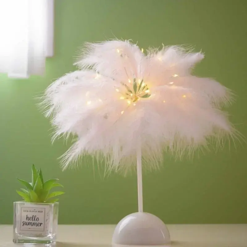 Creative Feather Table Lamp Warm White Light Tree Feather Lampshade Girls LED Wedding Decoration Lamp Birthday Gift
