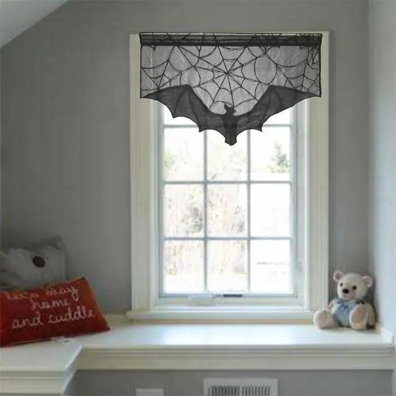 Terror Halloween Lace Curtain Creative Design Bat Tablecloth Fireplace Scarf Window Cover Suitable Home Festival Cobweb Decor