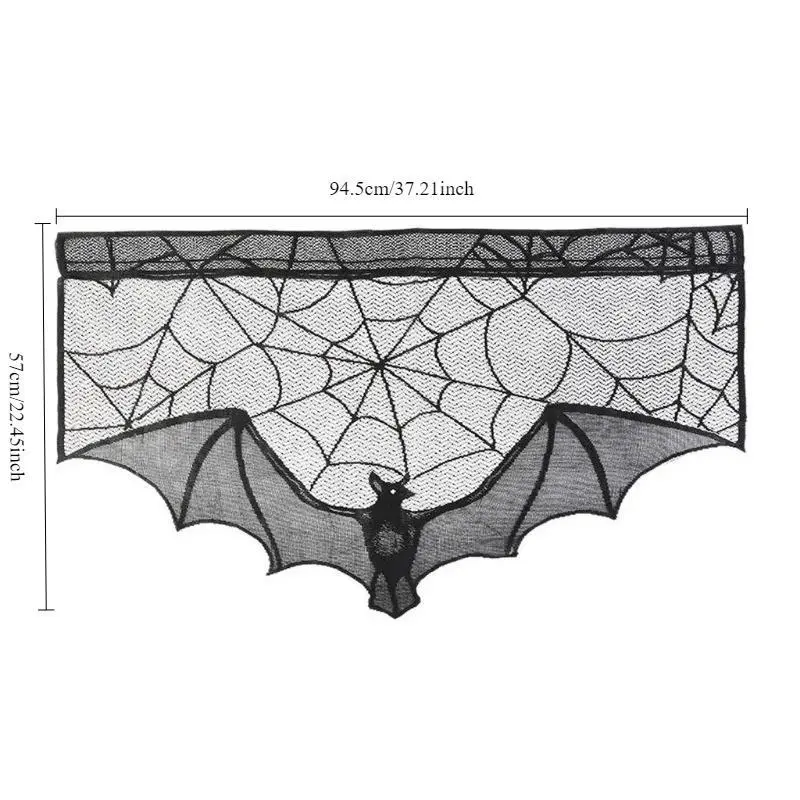 Terror Halloween Lace Curtain Creative Design Bat Tablecloth Fireplace Scarf Window Cover Suitable Home Festival Cobweb Decor