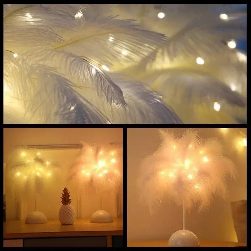 Creative Feather Table Lamp Warm White Light Tree Feather Lampshade Girls LED Wedding Decoration Lamp Birthday Gift