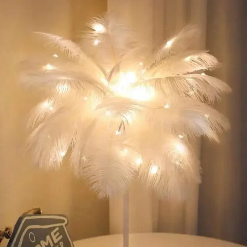 Creative Feather Table Lamp Warm White Light Tree Feather Lampshade Girls LED Wedding Decoration Lamp Birthday Gift