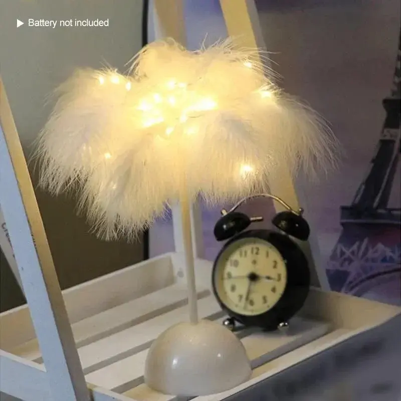 Creative Feather Table Lamp Warm White Light Tree Feather Lampshade Girls LED Wedding Decoration Lamp Birthday Gift