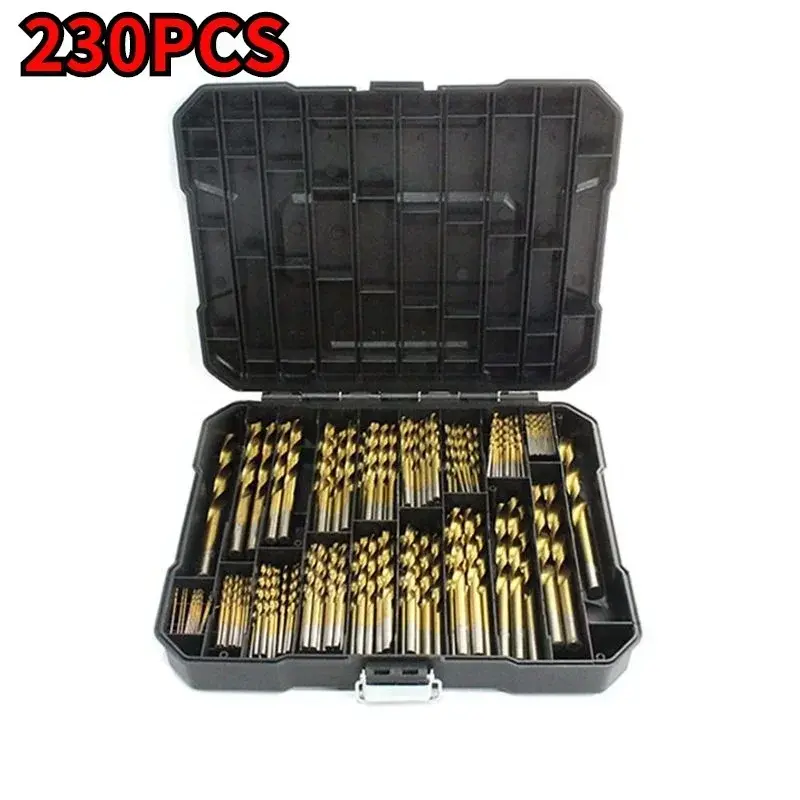 230 Piece Titanium Coated Twist Drill Bit Set 135° Tip Metric 1.0-10mm For Metalworking Woodworking Plastic Drilling Etc Tools