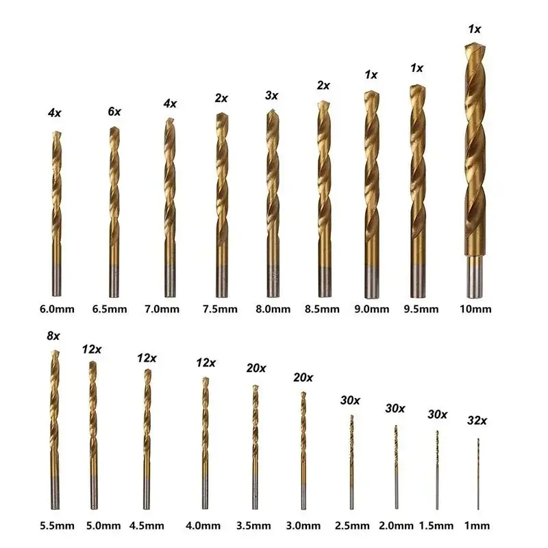 230 Piece Titanium Coated Twist Drill Bit Set 135° Tip Metric 1.0-10mm For Metalworking Woodworking Plastic Drilling Etc Tools