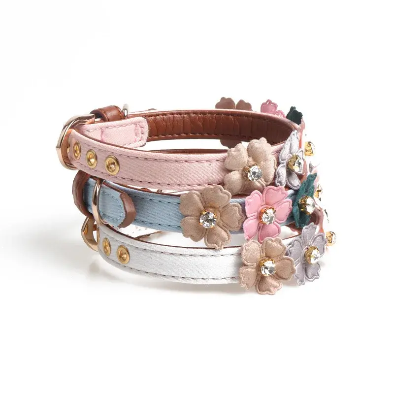 Pet Dog Flower Rhinestone Collar Flower PU Chain Leather Small And Medium Chihuahua Pug Pet Supplies Cat And Dog Collar Supplies