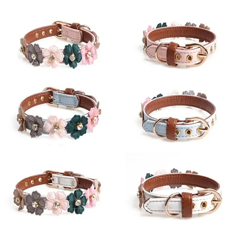 Pet Dog Flower Rhinestone Collar Flower PU Chain Leather Small And Medium Chihuahua Pug Pet Supplies Cat And Dog Collar Supplies