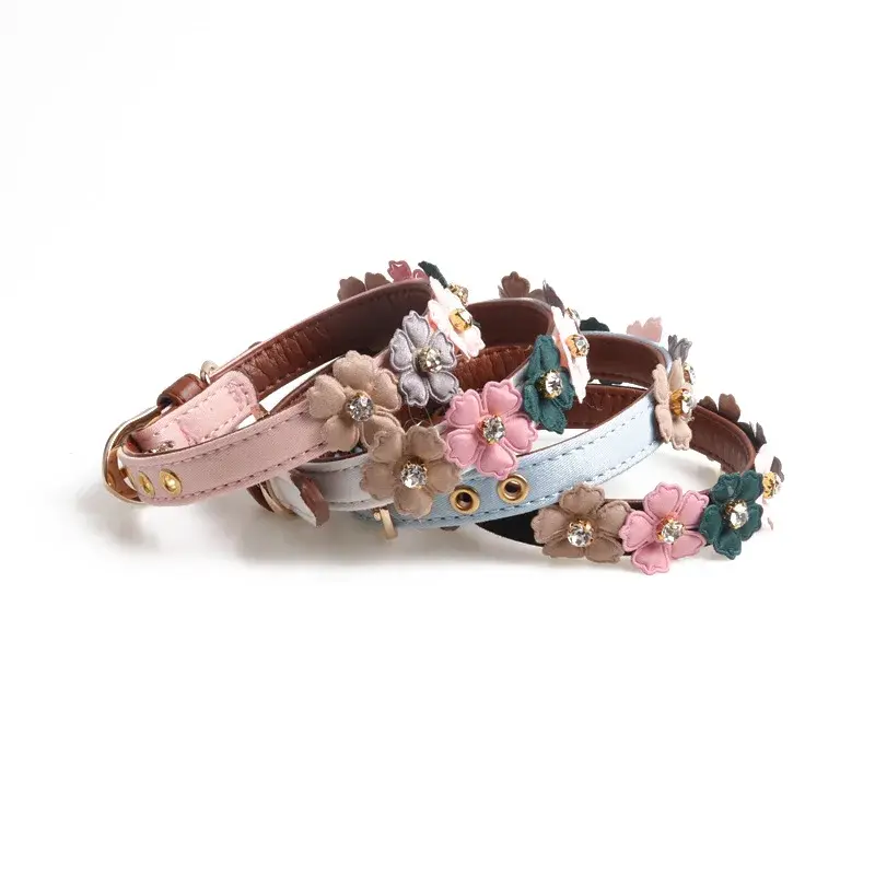 Pet Dog Flower Rhinestone Collar Flower PU Chain Leather Small And Medium Chihuahua Pug Pet Supplies Cat And Dog Collar Supplies