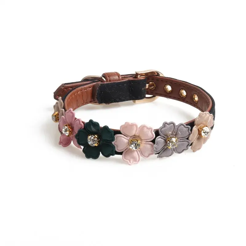 Pet Dog Flower Rhinestone Collar Flower PU Chain Leather Small And Medium Chihuahua Pug Pet Supplies Cat And Dog Collar Supplies