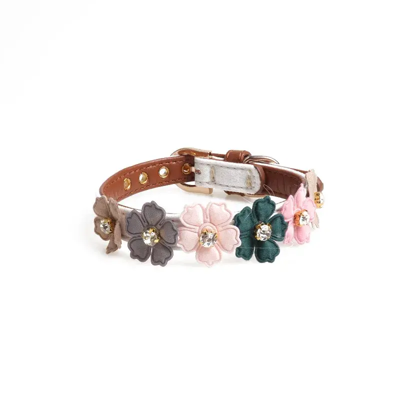 Pet Dog Flower Rhinestone Collar Flower PU Chain Leather Small And Medium Chihuahua Pug Pet Supplies Cat And Dog Collar Supplies