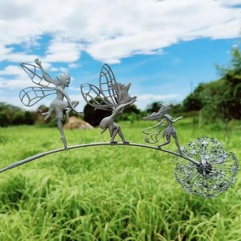 Garden Decorative Fairies And Dandelions Dance Together Metal Garden Yard Art Decor Lawn Landscape Sculpture Pixies Decoration