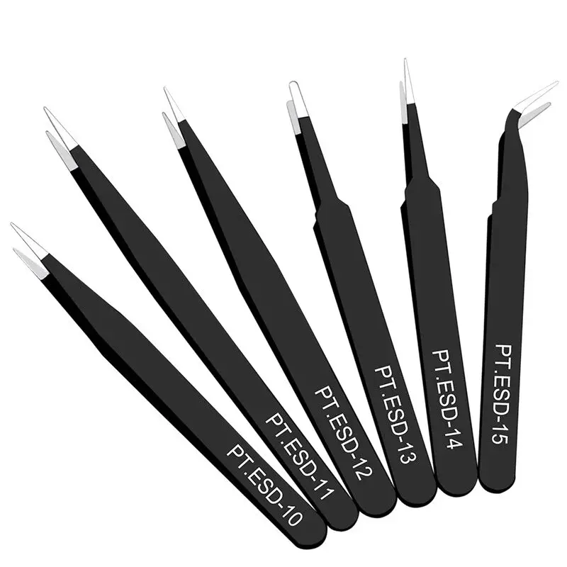 6pcs/set Black Portable Makeup Tweezers Tool Anti-static Stainless Steel Tweezers Practical Multifunction Eyelash Tweezer Tools