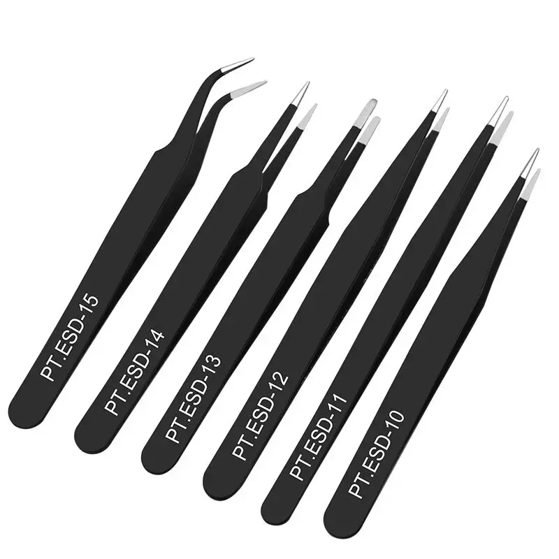 6pcs/set Black Portable Makeup Tweezers Tool Anti-static Stainless Steel Tweezers Practical Multifunction Eyelash Tweezer Tools