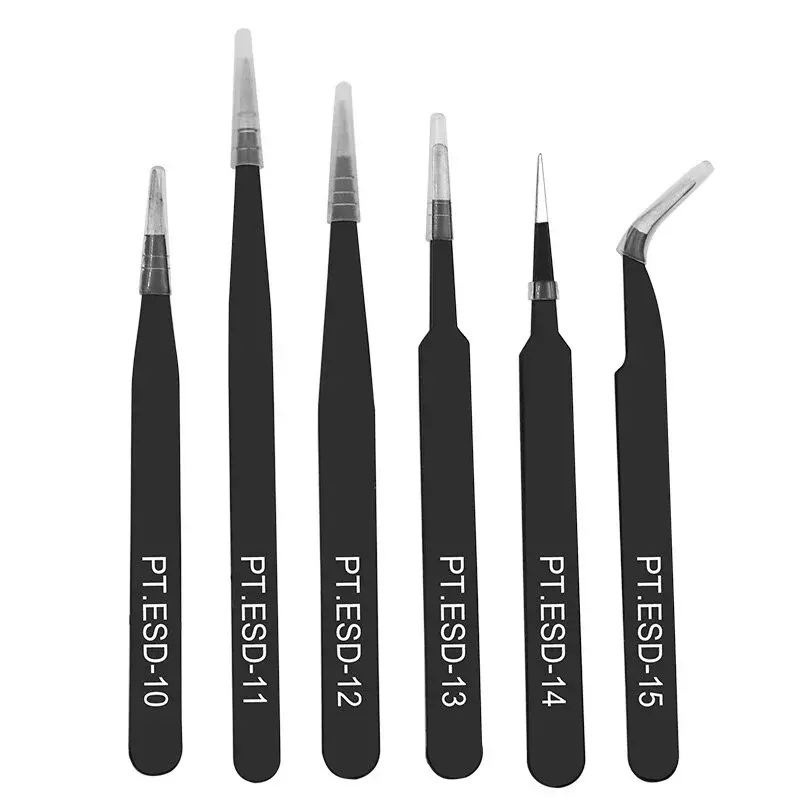6pcs/set Black Portable Makeup Tweezers Tool Anti-static Stainless Steel Tweezers Practical Multifunction Eyelash Tweezer Tools