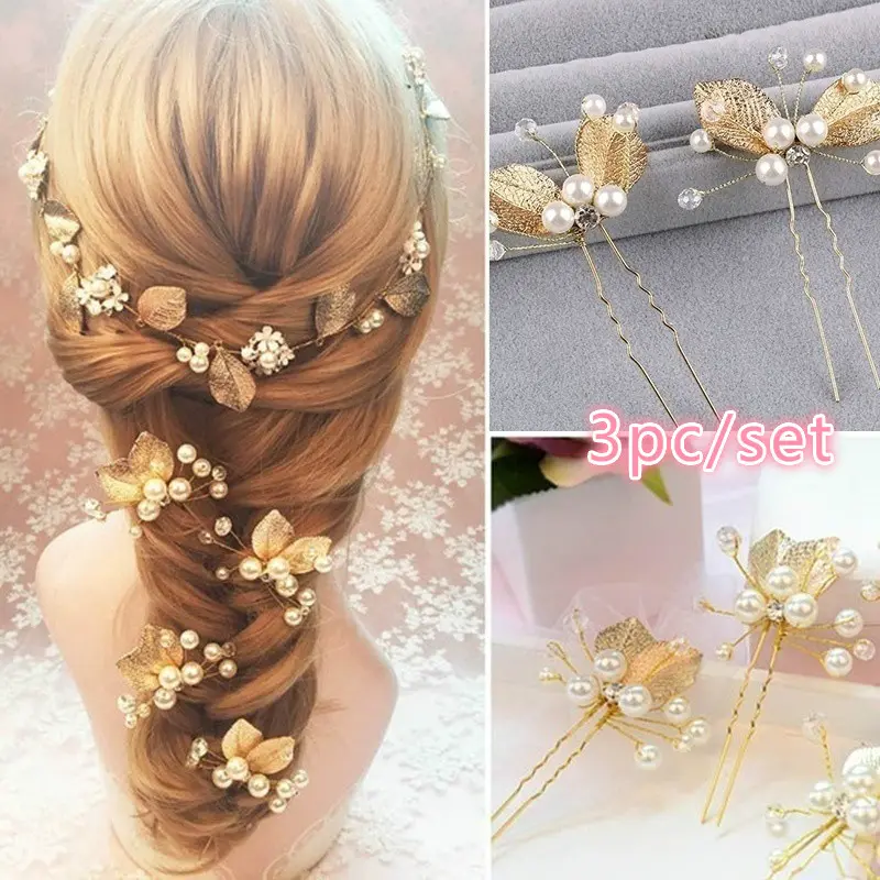 3PCS Flower Hairpin Bride Headdress Women Pearl Mesh U-shaoped Hair Clips Fashion Girls Wedding Hair Pretty Jewelry Accessories