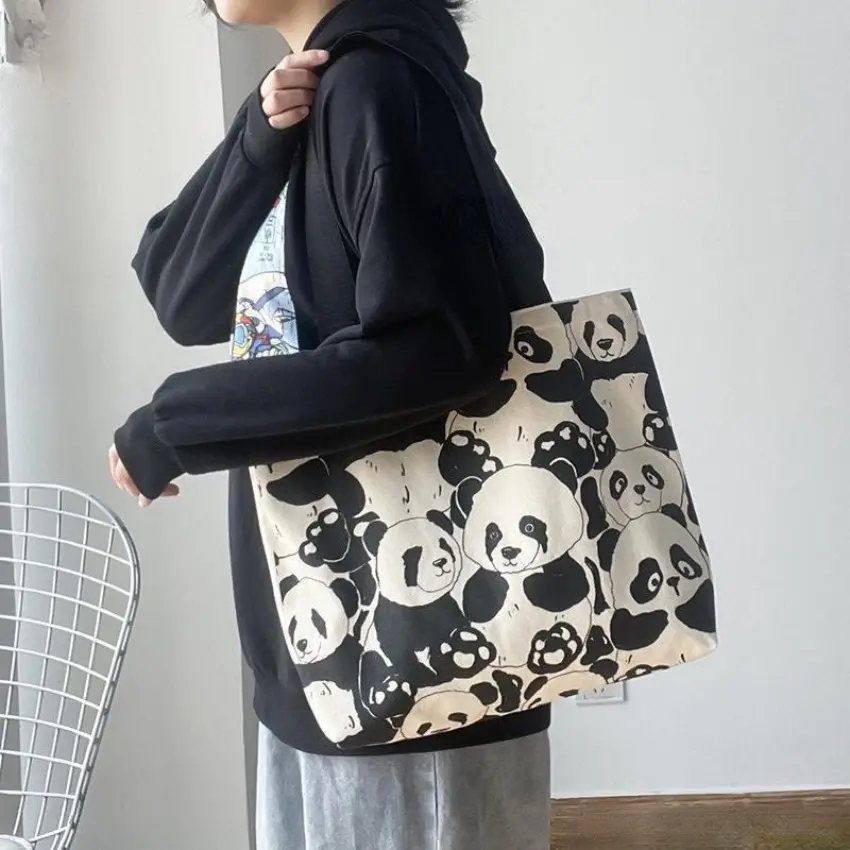 Canvas Bag Women's Shoulder Chinese Style High Capacity Zipper Canvas Bag Portable Shopping Bag Double Cute Panda Sided Printing