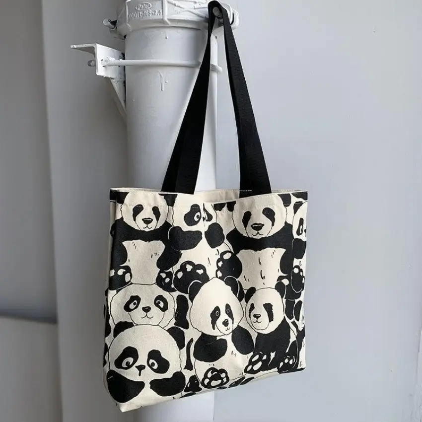 Canvas Bag Women's Shoulder Chinese Style High Capacity Zipper Canvas Bag Portable Shopping Bag Double Cute Panda Sided Printing
