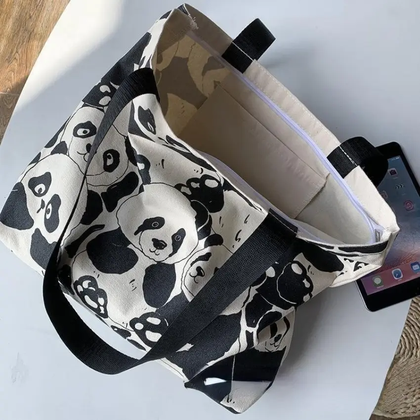 Canvas Bag Women's Shoulder Chinese Style High Capacity Zipper Canvas Bag Portable Shopping Bag Double Cute Panda Sided Printing